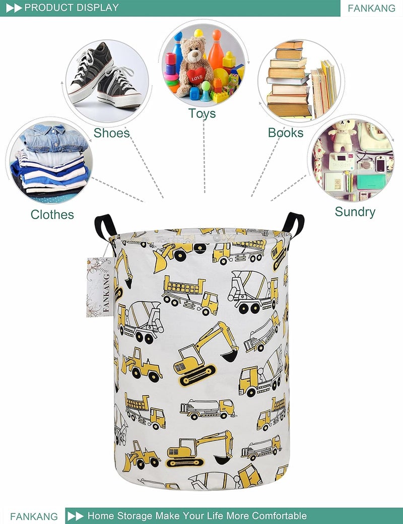 FANKANG Storage Basket, Nursery Hamper Canvas Laundry Basket Foldable with Waterproof PE Coating Large Storage Baskets for Kids Boys and Girls, Office, Bedroom, Clothes,Toys（excavator） - Image 4