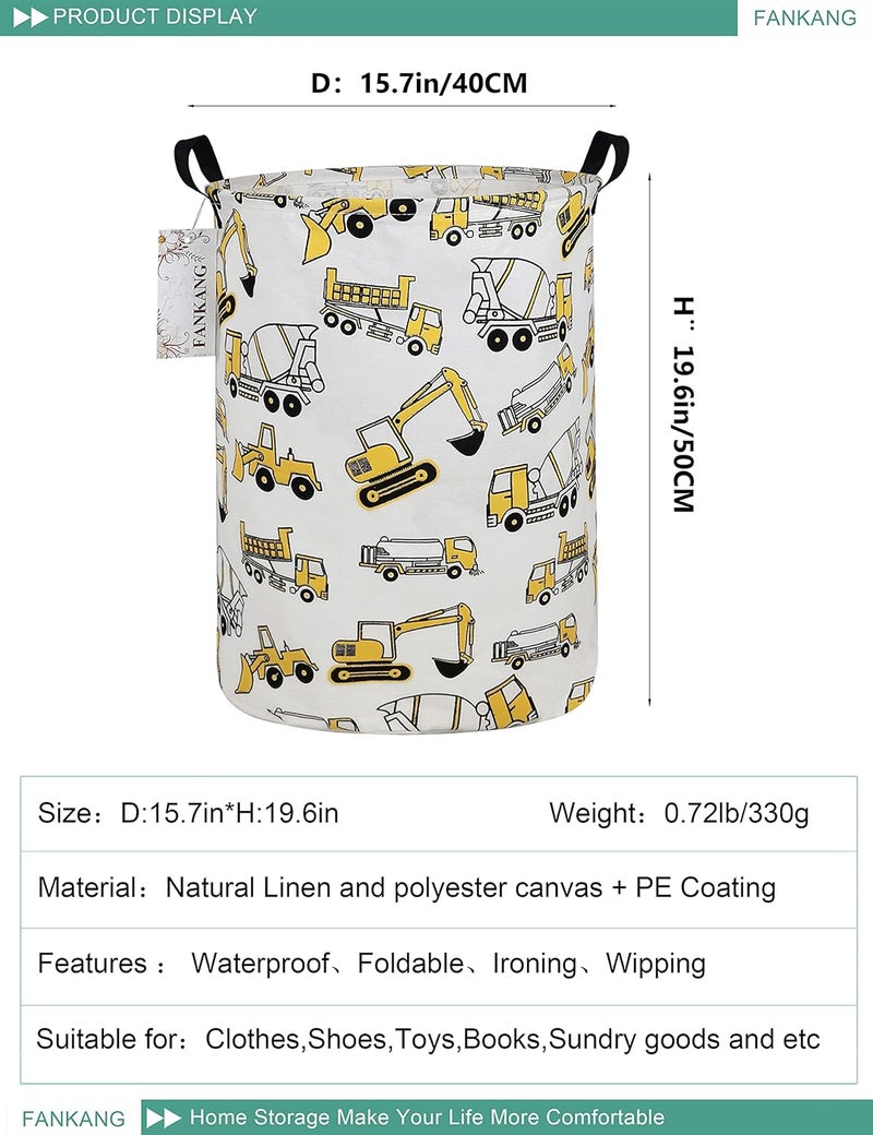 FANKANG Storage Basket, Nursery Hamper Canvas Laundry Basket Foldable with Waterproof PE Coating Large Storage Baskets for Kids Boys and Girls, Office, Bedroom, Clothes,Toys（excavator） - Image 2