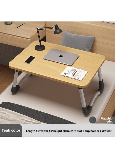 Bed Small Table Home Lazy Computer Desk Foldable Bay Window Desk Student Writing Desk Dormitory Upper Bed Learning-Color:[gak Wood Color] Card Slot + Coaster + Drawer⭐60_40_28