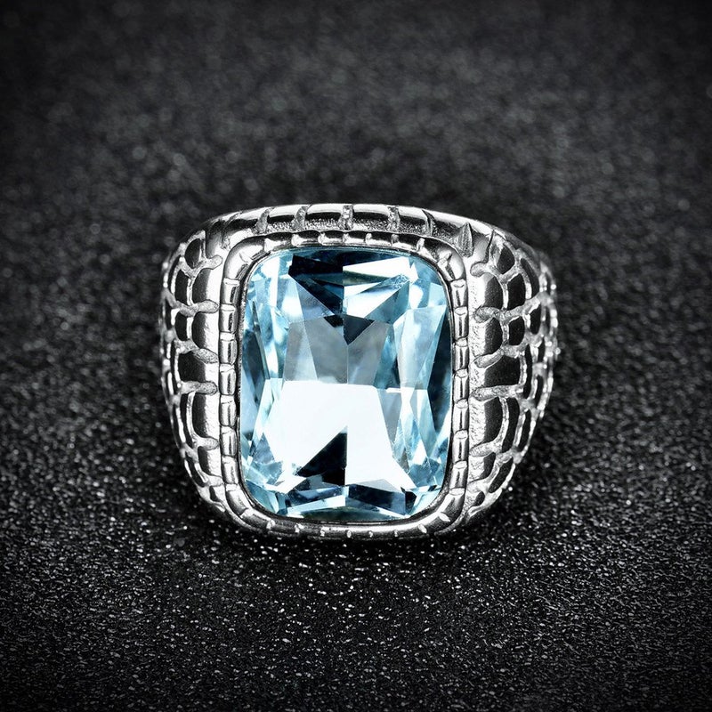 MASOP Retro Male Titanium Steel Ring Blue Synthetic Aquamarine Stone Party Wedding Bands Rings Size 11 - Image 3
