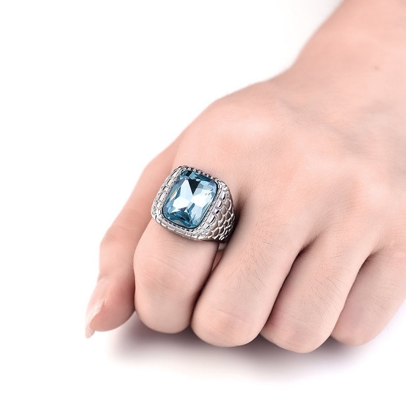 MASOP Retro Male Titanium Steel Ring Blue Synthetic Aquamarine Stone Party Wedding Bands Rings Size 11 - Image 5
