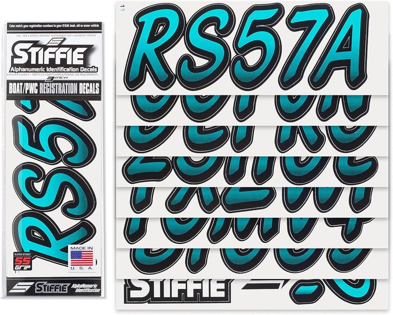 Stiffie Whipline Candy Blue/Black 3" Super Sticky Boat & PWC Registration Decals • Numbers Letters Stickers - Image 2