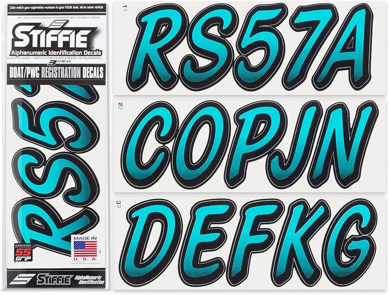 Stiffie Whipline Candy Blue/Black 3" Super Sticky Boat & PWC Registration Decals • Numbers Letters Stickers - Image 1