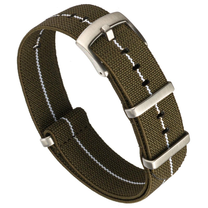 Benchmark Basics Elastic Watch Band Parachute Nylon OnePiece Military Style Watch Straps for Men Women 20mm GreenWhite Striped