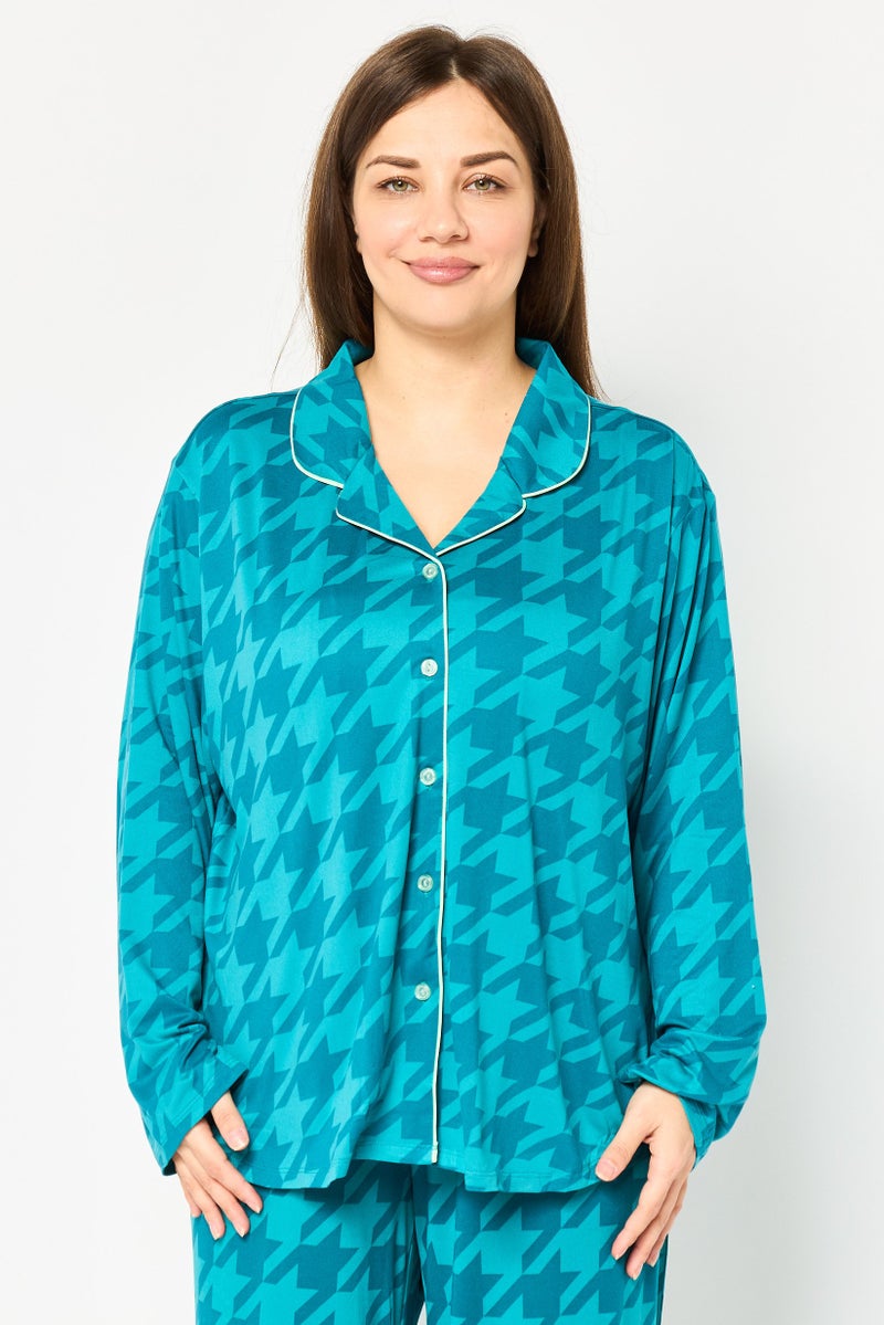 PJ Couture Women 2 Pieces Allover Print Top And Bottom Pajama Set, Teal Blue - Image 2