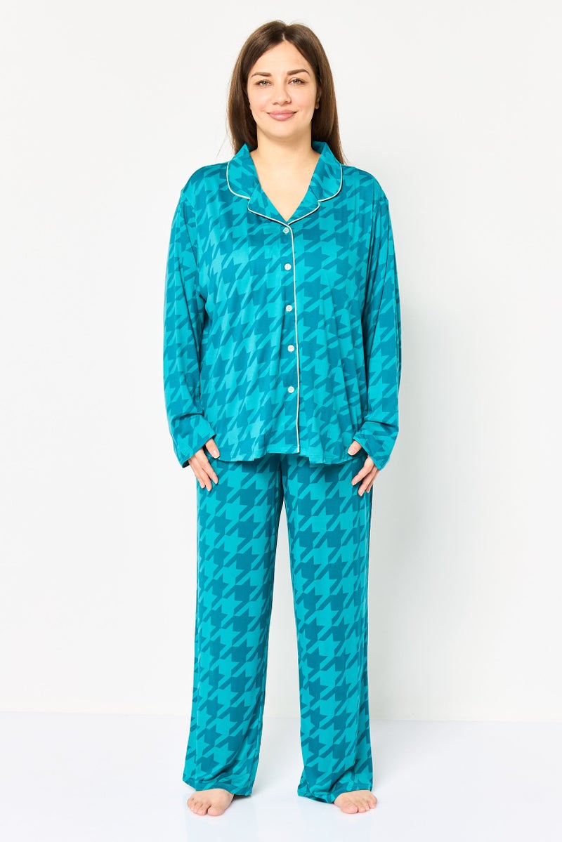 PJ Couture Women 2 Pieces Allover Print Top And Bottom Pajama Set, Teal Blue - Image 1