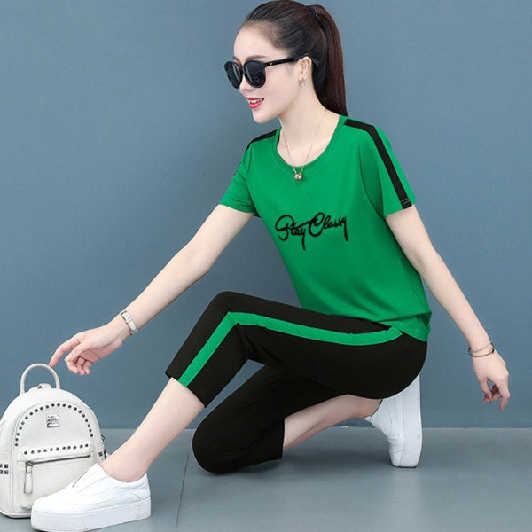 Generic 2022 Summer Fashion Casual Womens Sport Suit 6622 green suit cropped pants 