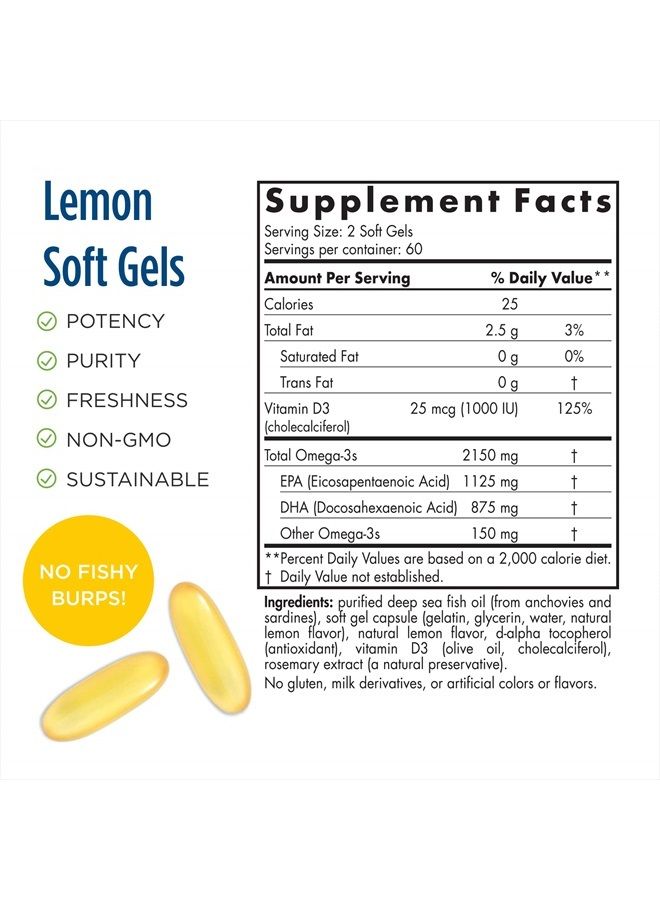 NORDIC NATURALS ProOmega 2000-D, Lemon Flavor - 2150 mg Omega-3 + 1000 IU D3-120 Soft Gels - Ultra High-Potency Fish Oil - EPA & DHA - Brain, Heart, Joint, & Immune Health - Non-GMO - 60 Servings  - Image 2