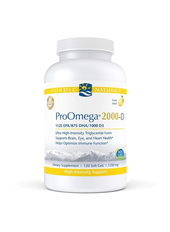 NORDIC NATURALS ProOmega 2000-D, Lemon Flavor - 2150 mg Omega-3 + 1000 IU D3-120 Soft Gels - Ultra High-Potency Fish Oil - EPA & DHA - Brain, Heart, Joint, & Immune Health - Non-GMO - 60 Servings  - Image 1