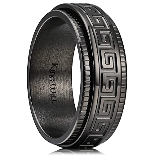 King Will 316L Stainless Steel Fidget Spinner Ring for Men Women-8mm Black Spinner Ring with Black Greek Key Pattern Anxiety Stress Relief Wedding Band Ring Comfort Fit Size 9 - Image 1