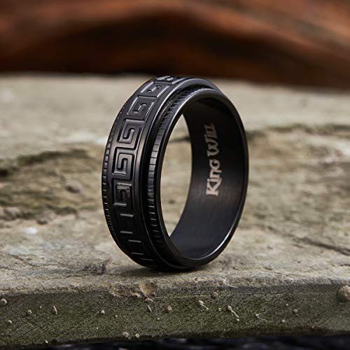 King Will 316L Stainless Steel Fidget Spinner Ring for Men Women-8mm Black Spinner Ring with Black Greek Key Pattern Anxiety Stress Relief Wedding Band Ring Comfort Fit Size 9 - Image 2
