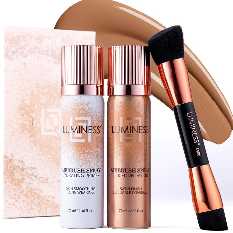 LUMINESS Airbrush Spray Silk Foundation Starter Kit  Light Tan  Foundation Primer  DualSided Angled Buffing Brush  Medium Buildable Coverage AntiAging Formula Hydrates  Moisturizes