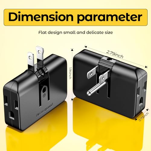 ETwinCoo Black 2-Prong to 3-Prong Adapter, Swivel Polarized Grounding Converter with Flat Wall Plug, Fireproof 3-Outlet for Household Use (2 Pack) - Image 2