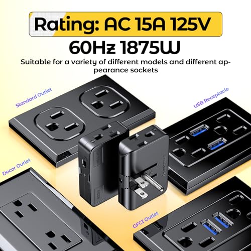 ETwinCoo Black 2-Prong to 3-Prong Adapter, Swivel Polarized Grounding Converter with Flat Wall Plug, Fireproof 3-Outlet for Household Use (2 Pack) - Image 4