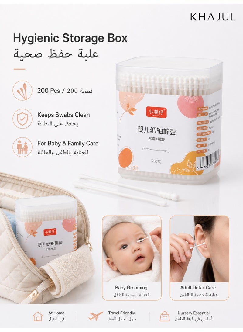 KHAJUL 200 Pcs Baby Cotton Swabs with Ear Spoon Tip, Dual-Ended Spiral Cotton Buds and Curved Ear Cleaning Tips, Fluorescent-Free Flexible Paper Sticks with Storage Box for Outer Ear Care and Daily Grooming - Image 4