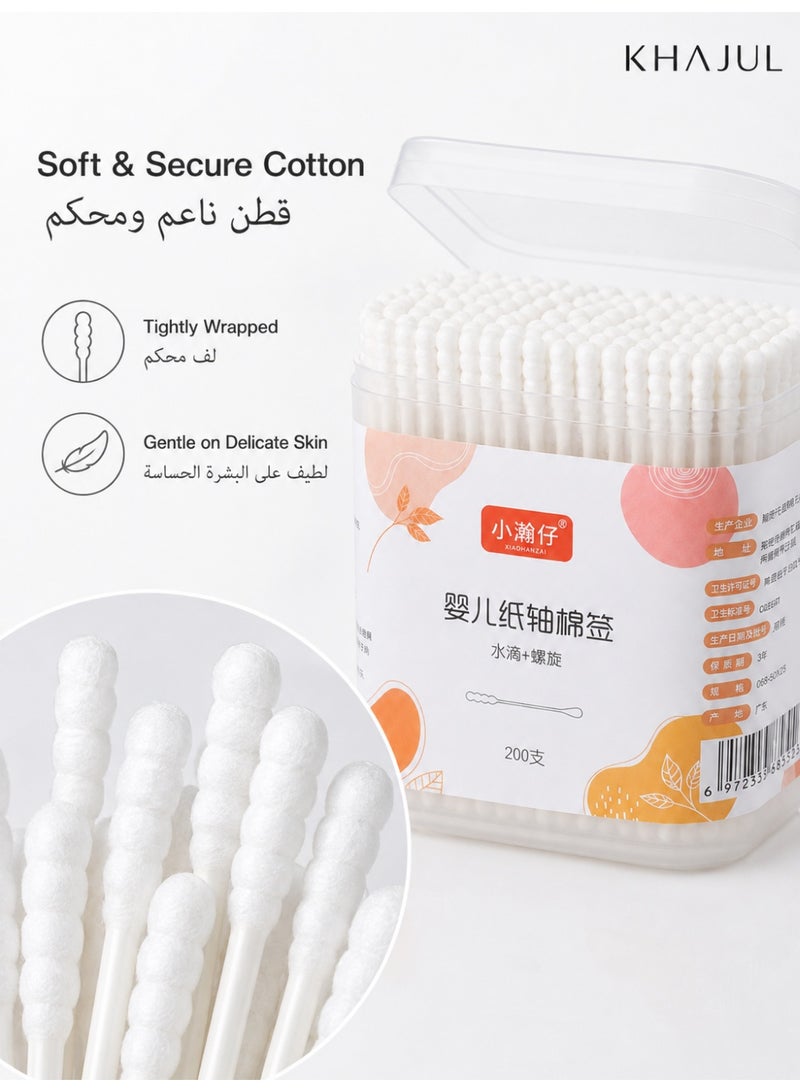 KHAJUL 200 Pcs Baby Cotton Swabs with Ear Spoon Tip, Dual-Ended Spiral Cotton Buds and Curved Ear Cleaning Tips, Fluorescent-Free Flexible Paper Sticks with Storage Box for Outer Ear Care and Daily Grooming - Image 5