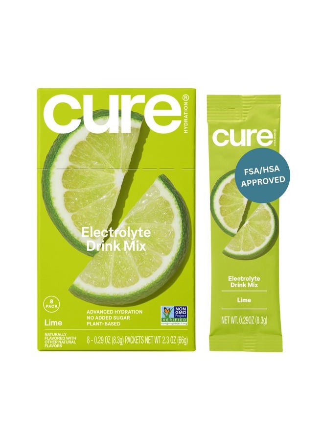 Cure Hydration مسحوق مشروب الإلكتروليت النباتي | بدون سكر مضاف | FSA-HSA | مسحوق تخفيف الجفاف مصنوع من ماء جوز الهند | غير معدل وراثيًا | نباتي | علبة تحتوي على 8 عبوات - ليمون - Image 1