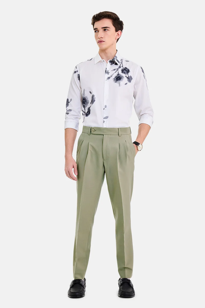 SNITCH Sage Green Solid Tapered Formal Trousers