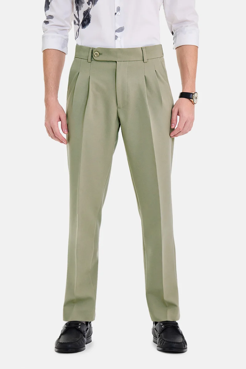 SNITCH Sage Green Solid Tapered Formal Trousers