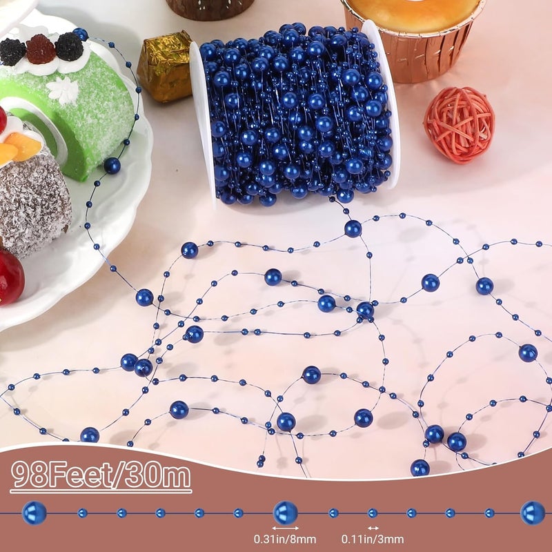 SUREAM 98 Feet Pearls String, Fishing Line Artificial Pearls String Beaded Wire for Craft, 3-8mm Faux Pearls Strand Roll for Flowers Wedding Christmas Decoration, Party Supplies(Blue - Image 2