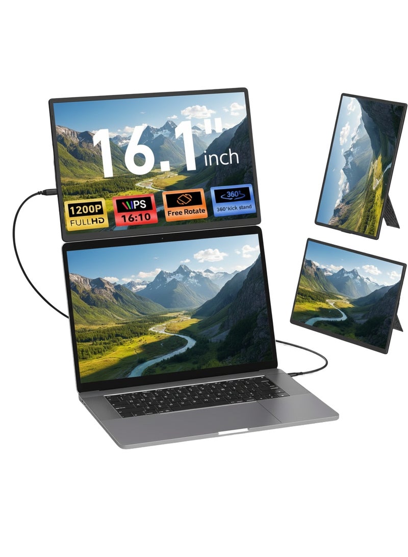 Laptop Screen Extender 16.1", Portable Monitor 1200P FHD with Magnetic Detachable Stand, 360° Rotatable Borderless Display, Plug & Play Second Screen for Windows & Mac - Image 1