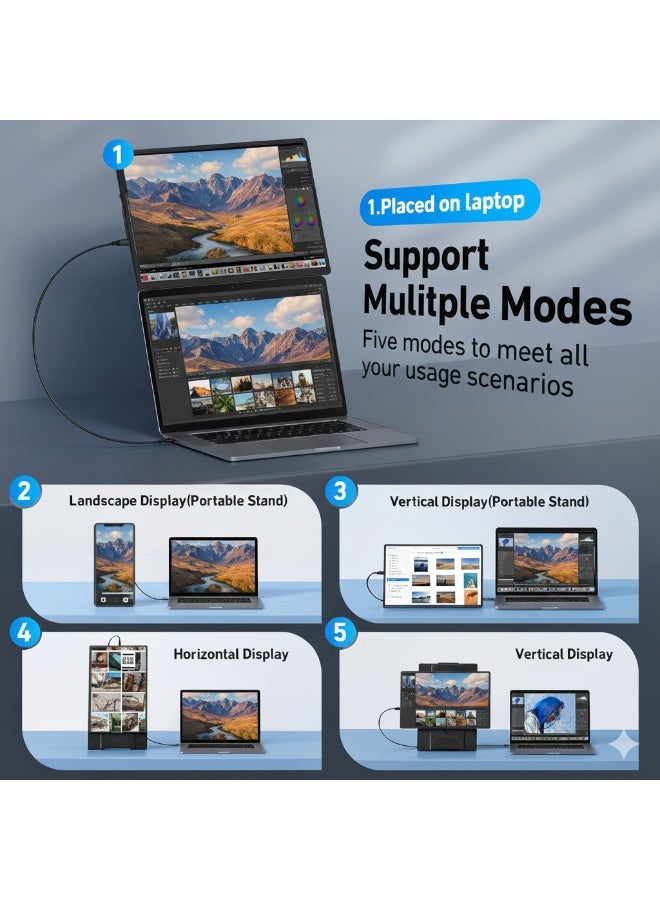 Laptop Screen Extender 16.1", Portable Monitor 1200P FHD with Magnetic Detachable Stand, 360° Rotatable Borderless Display, Plug & Play Second Screen for Windows & Mac - Image 3