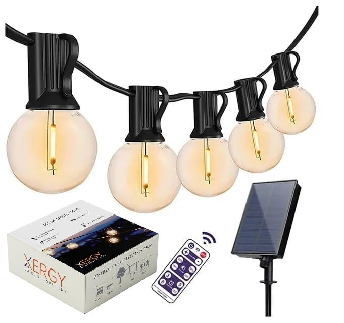 XERGY Solar String Lights, Shatterproof Led Solar String Light Outdoor G40 Retro Lights With 25 Bulbs - 27 Ft With Remote Control And Dimmable Outdoor Waterproof Lights, Black - Image 1