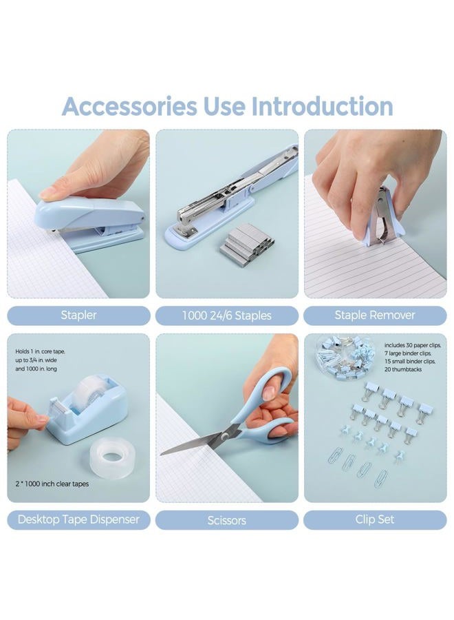 Skydue Blue Office Desk Accessories, Blue Office Supplies, Stapler, Tape Dispenser, Scissors, Clips and 1000pcs Staples,Desk Supplies for Women - Image 2