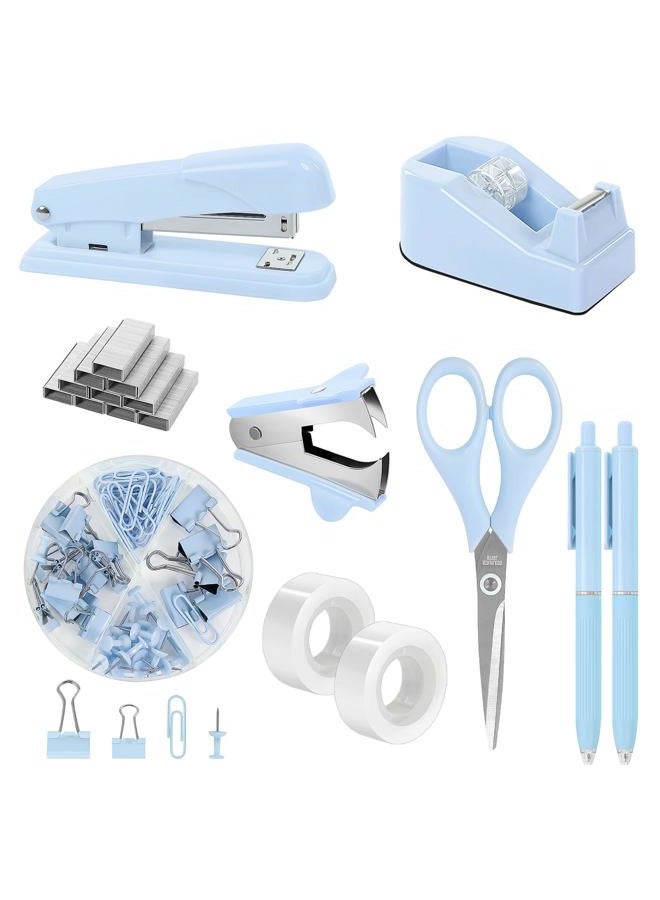 Skydue Blue Office Desk Accessories, Blue Office Supplies, Stapler, Tape Dispenser, Scissors, Clips and 1000pcs Staples,Desk Supplies for Women - Image 1