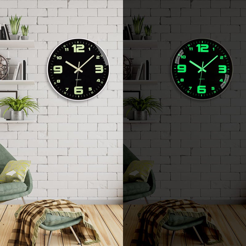 Warminn Wall Clock 12 inch Battery Operated Silent Non-Ticking Glow in The Dark Clocks Analog Small Digital Night Light Up Neon Outdoor Clocks for Living Room Bedroom Kitchen Bathroom Home Decor - Image 3