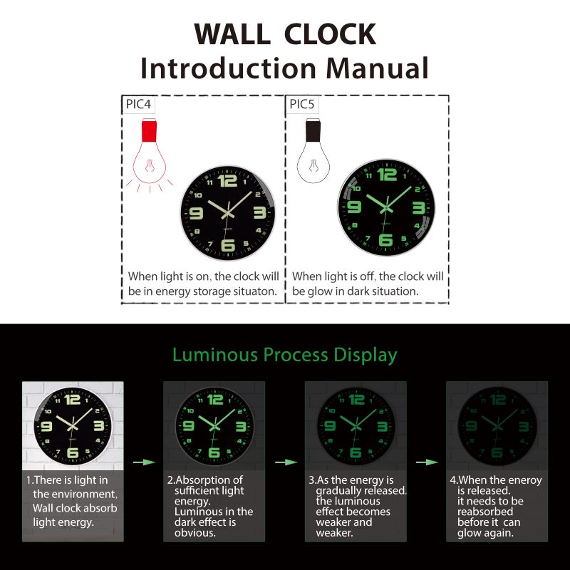 Warminn Wall Clock 12 inch Battery Operated Silent Non-Ticking Glow in The Dark Clocks Analog Small Digital Night Light Up Neon Outdoor Clocks for Living Room Bedroom Kitchen Bathroom Home Decor - Image 5