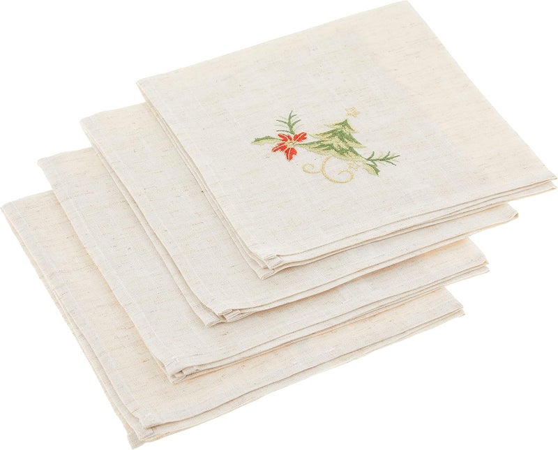 SARO LIFESTYLE 1710N20S Embroidered Christmas Tree Design Linen Blend Napkin  Set of 4 Natural 20 - Image 1