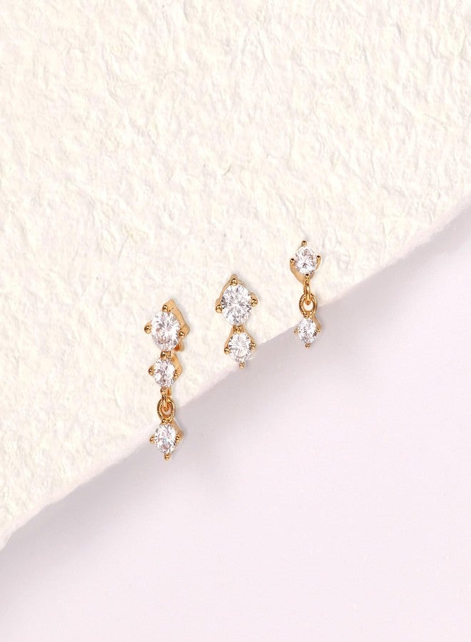 Krfy 14K Gold Plated Sterling Silver Post | Dainty Stud Earrings for Multiple Piercing Hypoallergenic Small Dangle Earrings Cartilage Earring Set Ear Climber Jacket Earrings(3 Pairs Set) - Image 3
