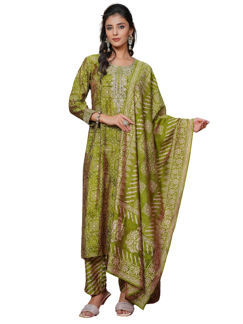 Vaamsi Women's Green Silk Blend Embroidered Straight Ethnic Motifs Kurta Trousers With Dupatta Set | Daily Straight Kurta Set For Women | Embroidered Salwar Suit For Women (SKSKD3120, M) - Image 1