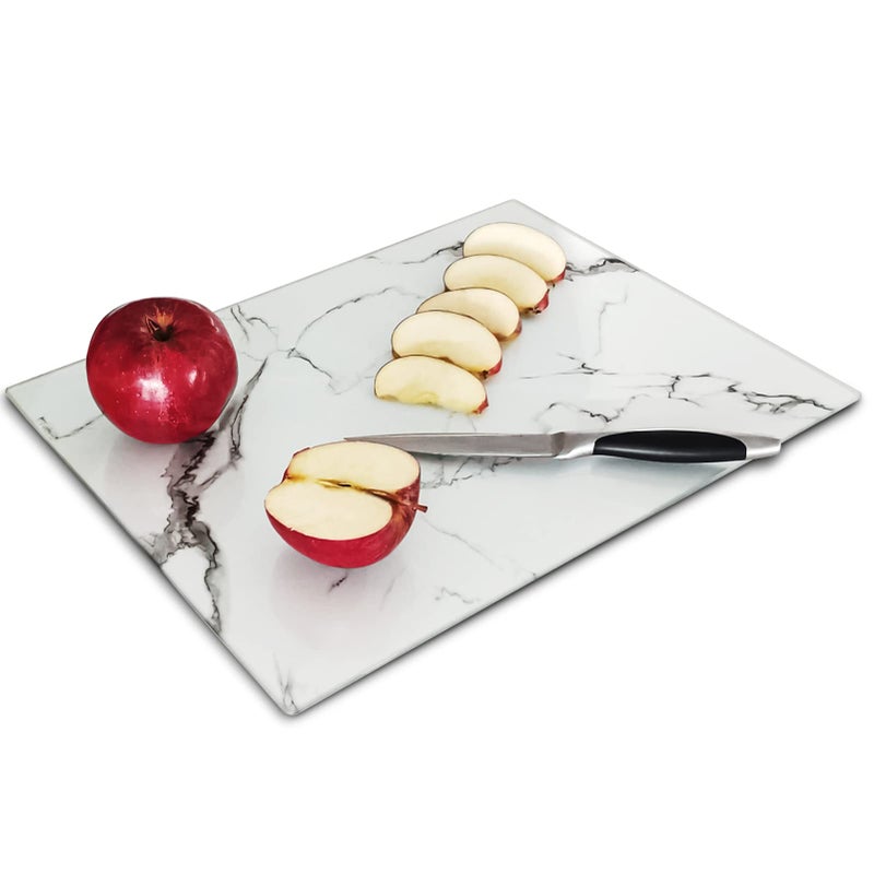 VASUHOME Glass Cutting Board 16 12 inch Set of 1 Tempered Glass Cutting Board Decorative Square Marble Chopping Board for Kitchen Scratch Heat Shatter Resistant Cutting Mat White