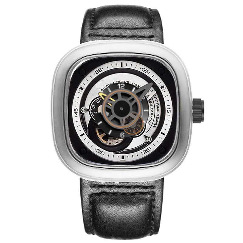 Semi-Mechanical Mens Sports Watch Trendy Birthday Gift 2# Silver Shell white surface white ring White Belt 