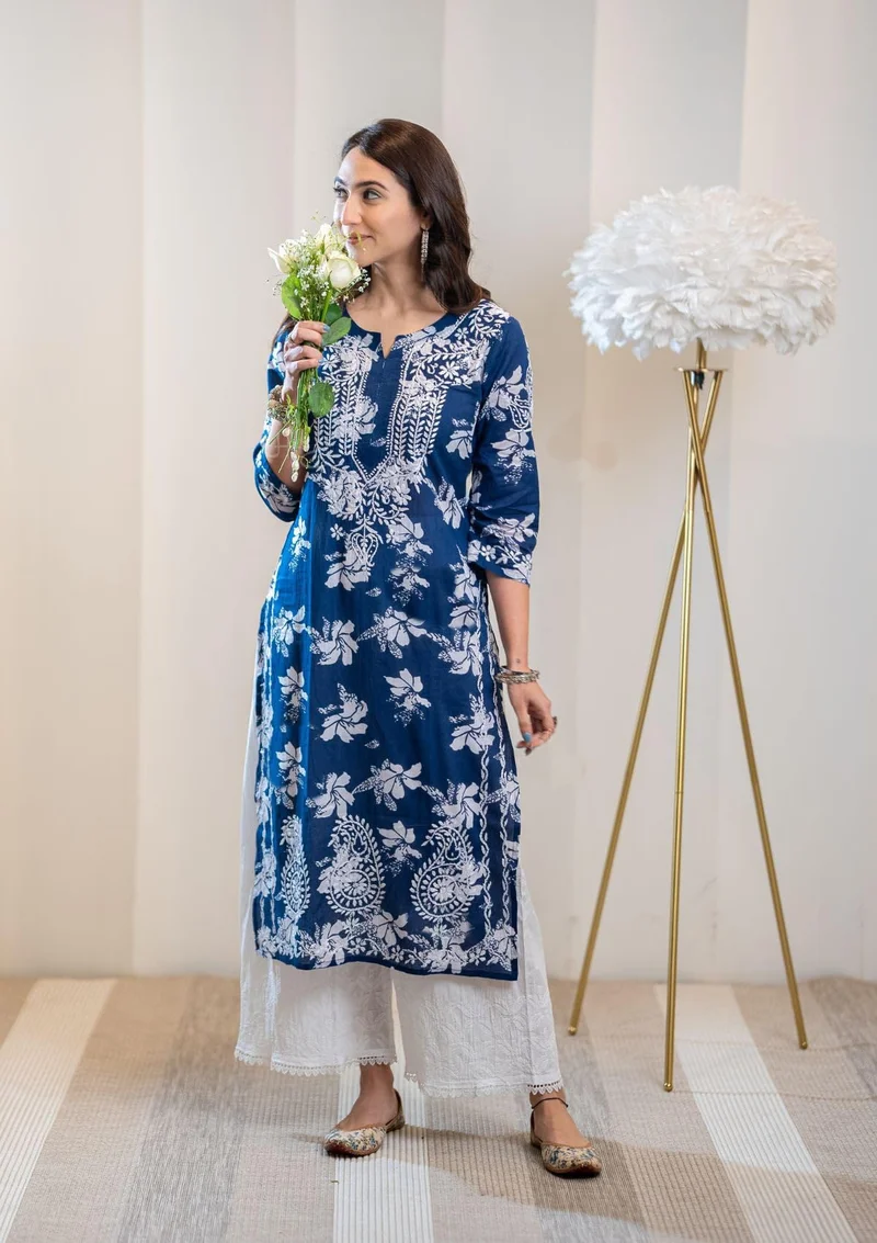 GoSriKi Blue GoSriKi Women's Rayon Blend Chikankari Embroidered Straight Kurta (SCEROS-CEROSIN-GS_4XL_Blue_XXXX-Large) for Women | Best Price UAE