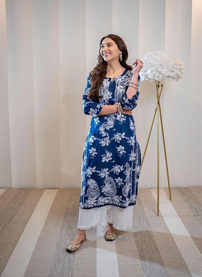 GoSriKi مزيج رايون نسائي مطرز بلون تشيكانكاري بلون كورتا أزرق مستقيم