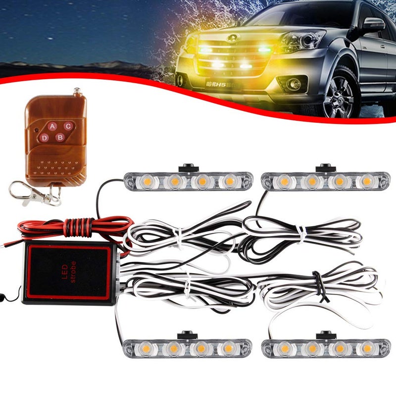 KaiDengZhe 4x4 LED 4 in 1 Surface Mount Grill Light DC12V Wireless Remote Emergency Flashing Beacon Lamp Police Light Strobe Warning For Truck Trailer Caravan Van White Amber