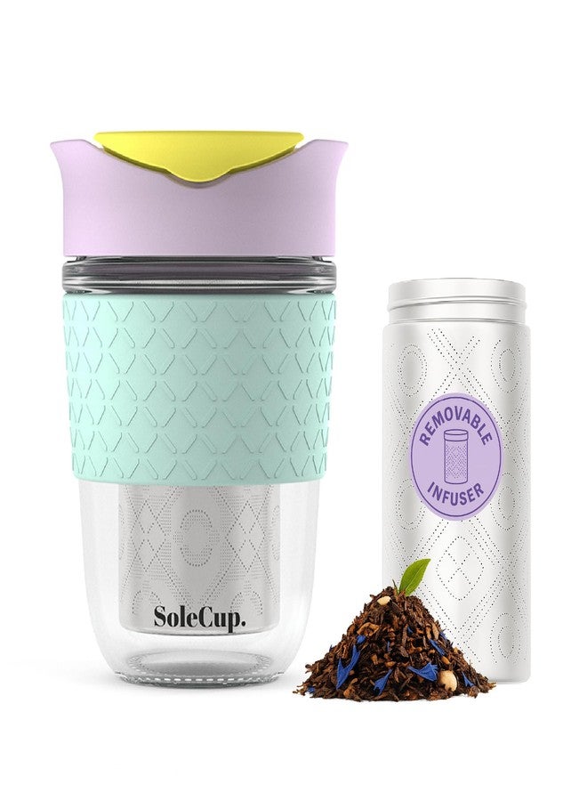SoleCup. Travel Mug Loose Tea Infuser - Detachable Tea Strainer with Spillproof Lid - BPA-Free Reusable Glass Travel Coffee Cup with Silicone Band (Ice Cream, 12oz) - Image 1