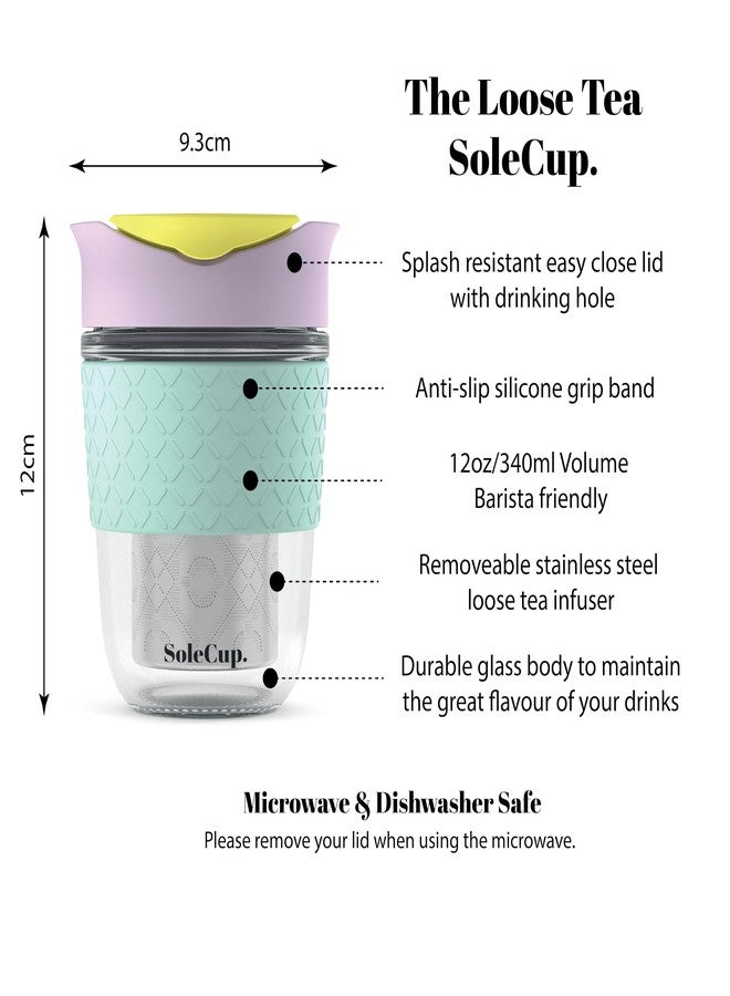 SoleCup. Travel Mug Loose Tea Infuser - Detachable Tea Strainer with Spillproof Lid - BPA-Free Reusable Glass Travel Coffee Cup with Silicone Band (Ice Cream, 12oz) - Image 2