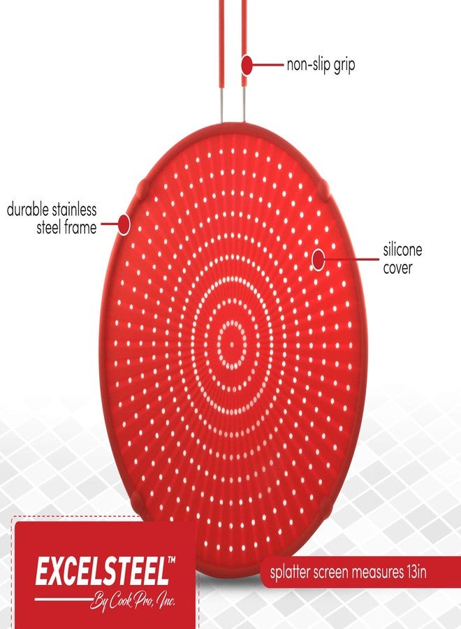 ExcelSteel 13" Silicone Splatter Screen w/Non-Slip Grip, Red - Image 3