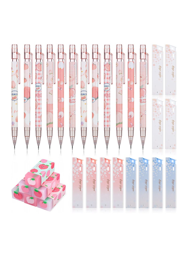 12 Kawaii Peach Mechanical Pencils Set - 6 Adorable Erasers & 12 HB Refills for Students, Artists & Architects (0.5mm) - Ideal for Drawing & Sketching - Image 1