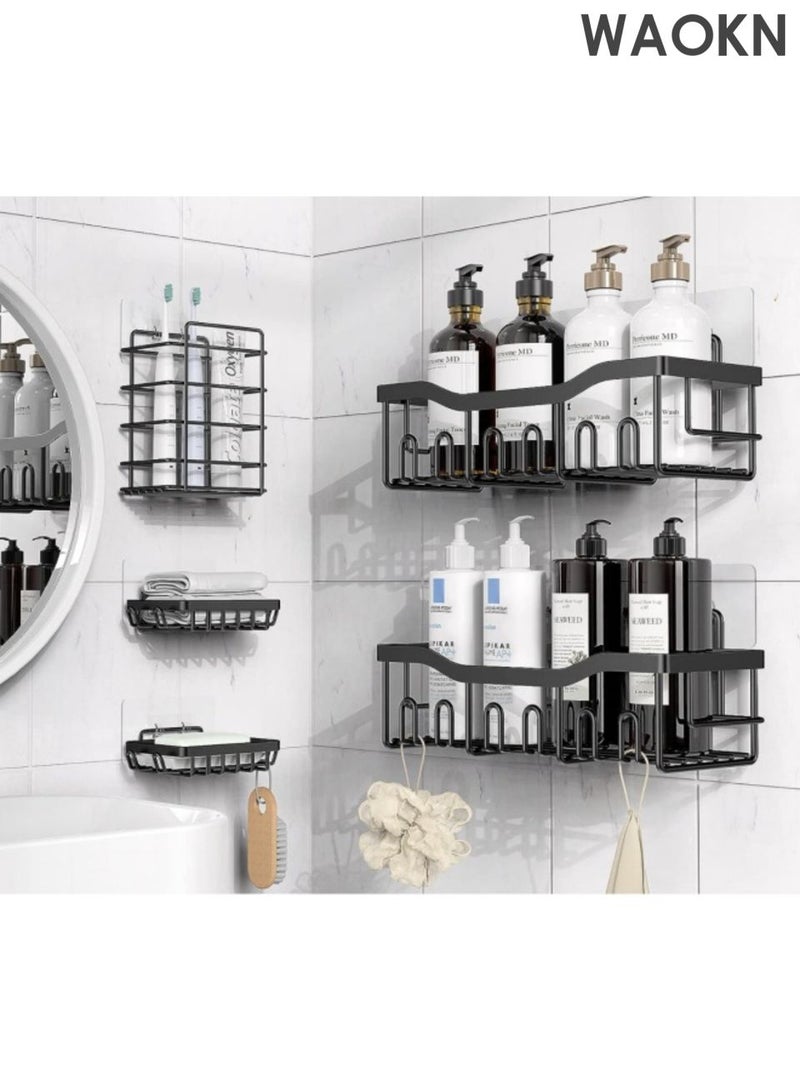 WAOKN 5-piece shower room, bathroom iron toiletries storage rack, adhesive bathroom organizer, no drilling, large capacity, rust proof stainless steel bathroom organizer with 4 hooks, black internal shower rack. - Image 1