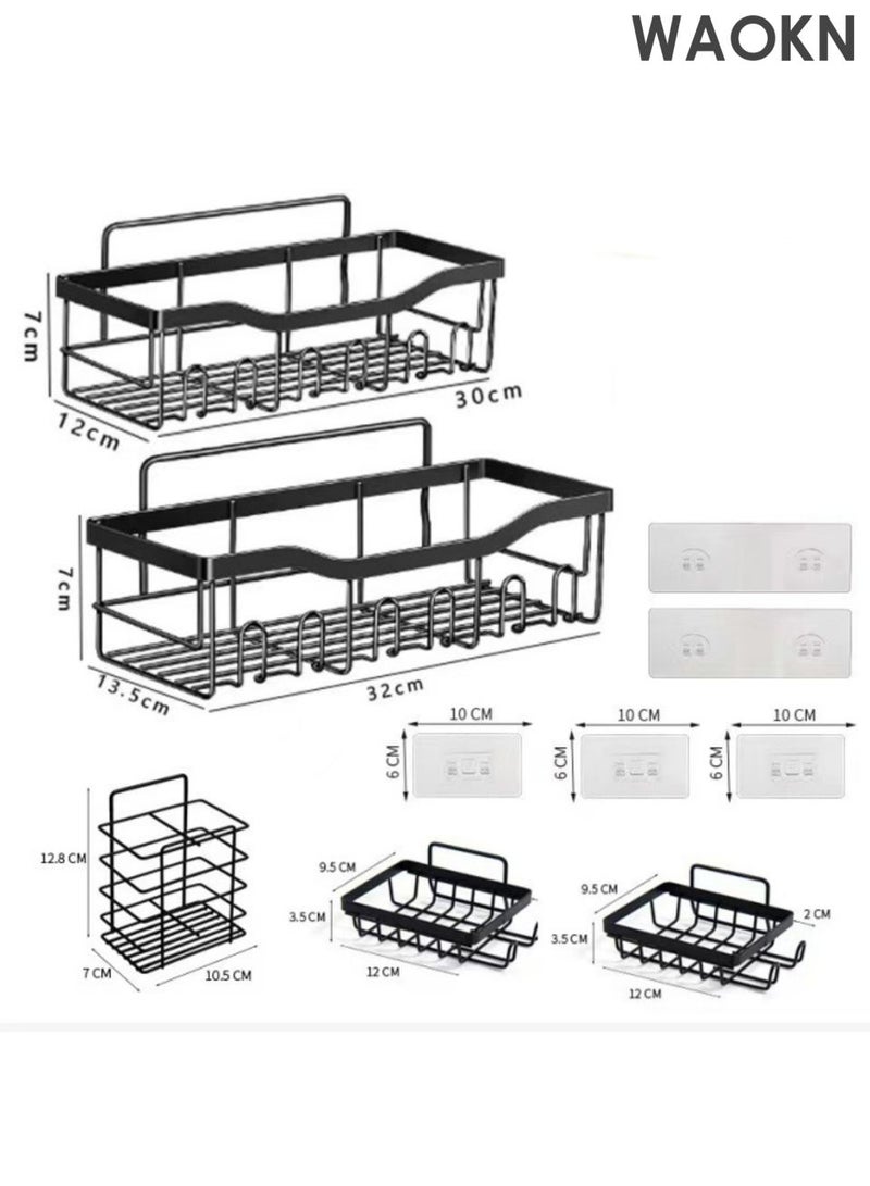 WAOKN 5-piece shower room, bathroom iron toiletries storage rack, adhesive bathroom organizer, no drilling, large capacity, rust proof stainless steel bathroom organizer with 4 hooks, black internal shower rack. - Image 2