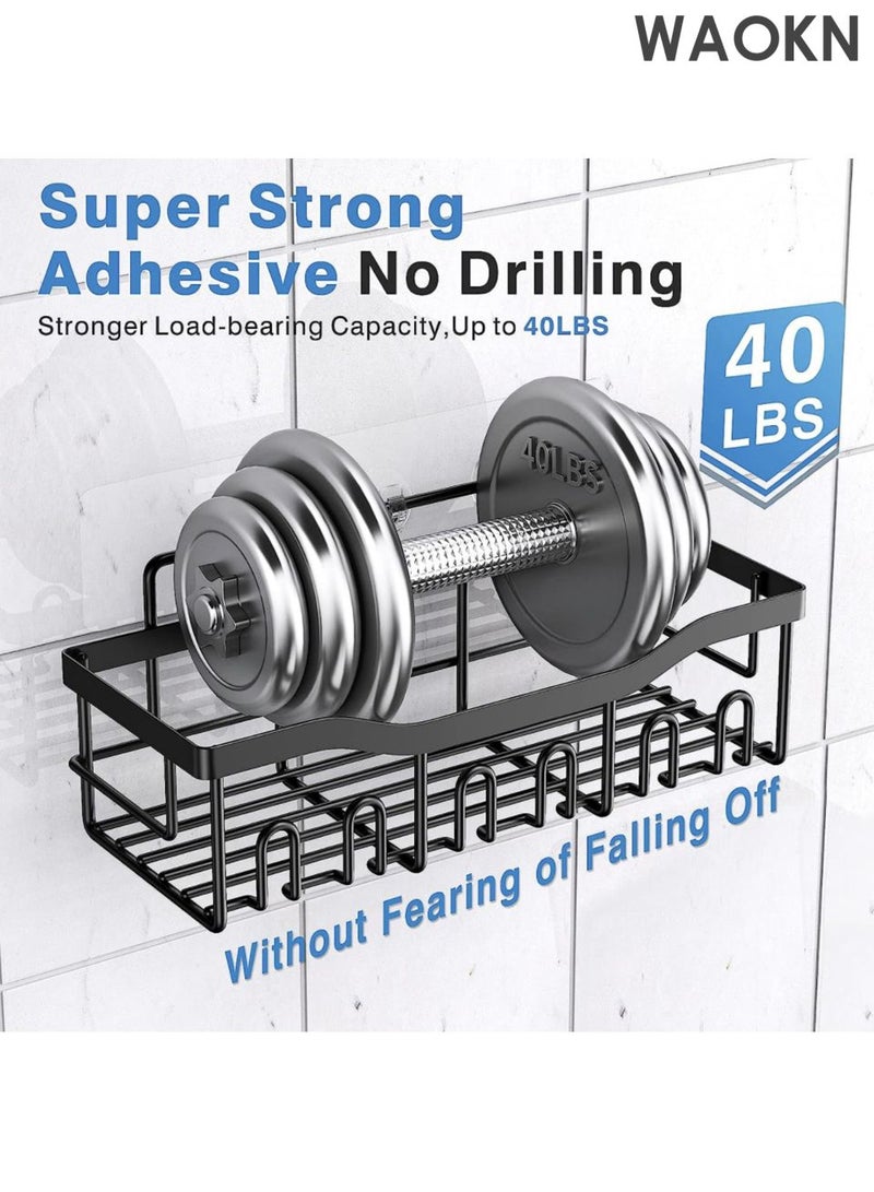 WAOKN 5-piece shower room, bathroom iron toiletries storage rack, adhesive bathroom organizer, no drilling, large capacity, rust proof stainless steel bathroom organizer with 4 hooks, black internal shower rack. - Image 3