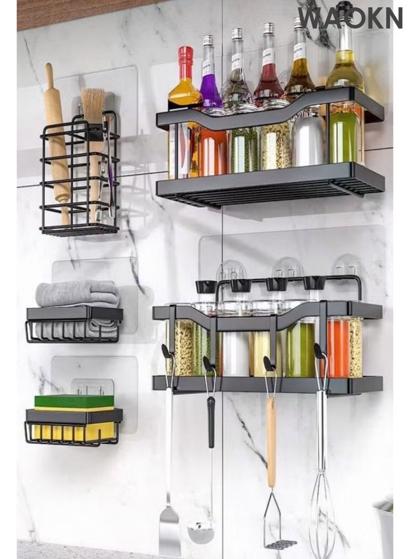 WAOKN 5-piece shower room, bathroom iron toiletries storage rack, adhesive bathroom organizer, no drilling, large capacity, rust proof stainless steel bathroom organizer with 4 hooks, black internal shower rack. - Image 4