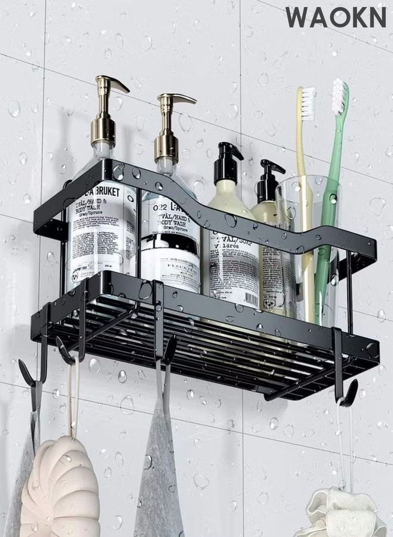WAOKN 5-piece shower room, bathroom iron toiletries storage rack, adhesive bathroom organizer, no drilling, large capacity, rust proof stainless steel bathroom organizer with 4 hooks, black internal shower rack. - Image 5