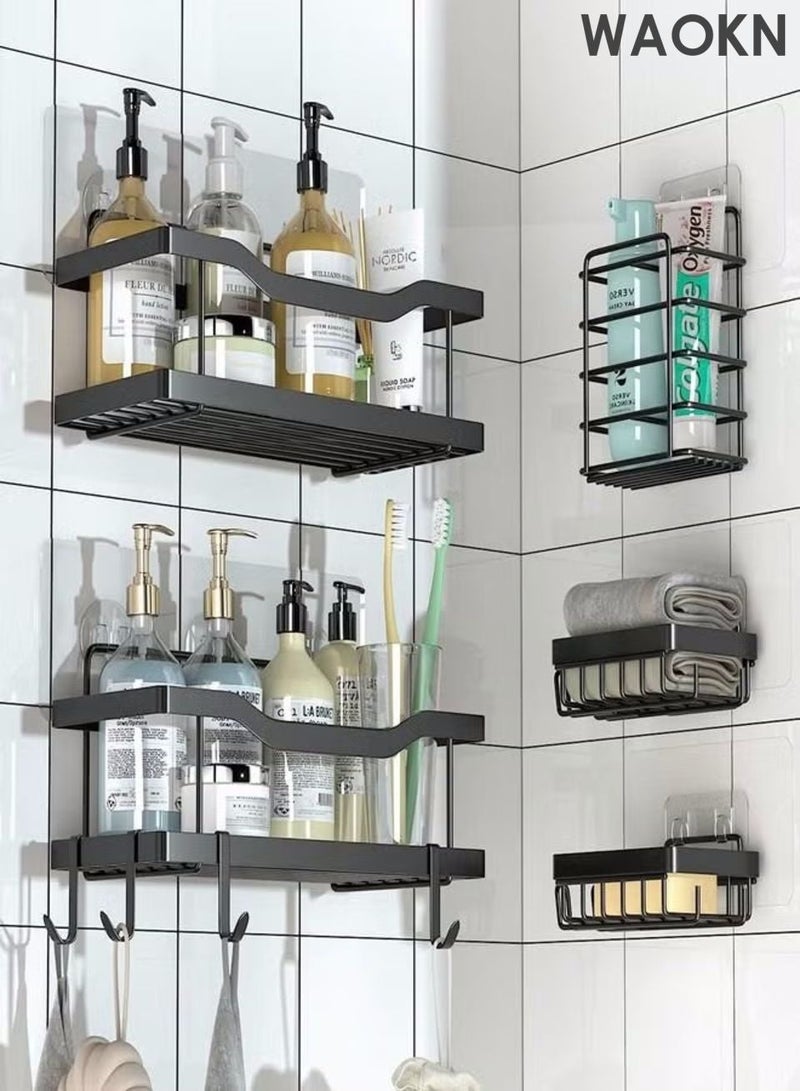 دبليو أيه أو كي أن غرفة دش من 5 قطع ، رف تخزين مستحضرات الحمام الحديدية ، منظم الحمام اللاصق ، لا حفر ، سعة كبيرة ، منظم الحمام من الفولاذ المقاوم للصدأ المقاوم للصدأ مع 4 خطاف ، رف دش داخلي أسود. - Image 1