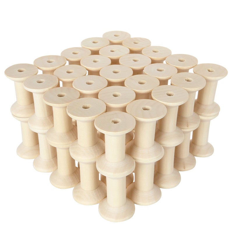 FVIEXE 40PCS Wooden Spools for Crafts Unfinished Empty Thread Spool Wooden Ribbon Spools for Arts DIY Wood Projects Bobbins for Wire Weaving 47mm x 30mm